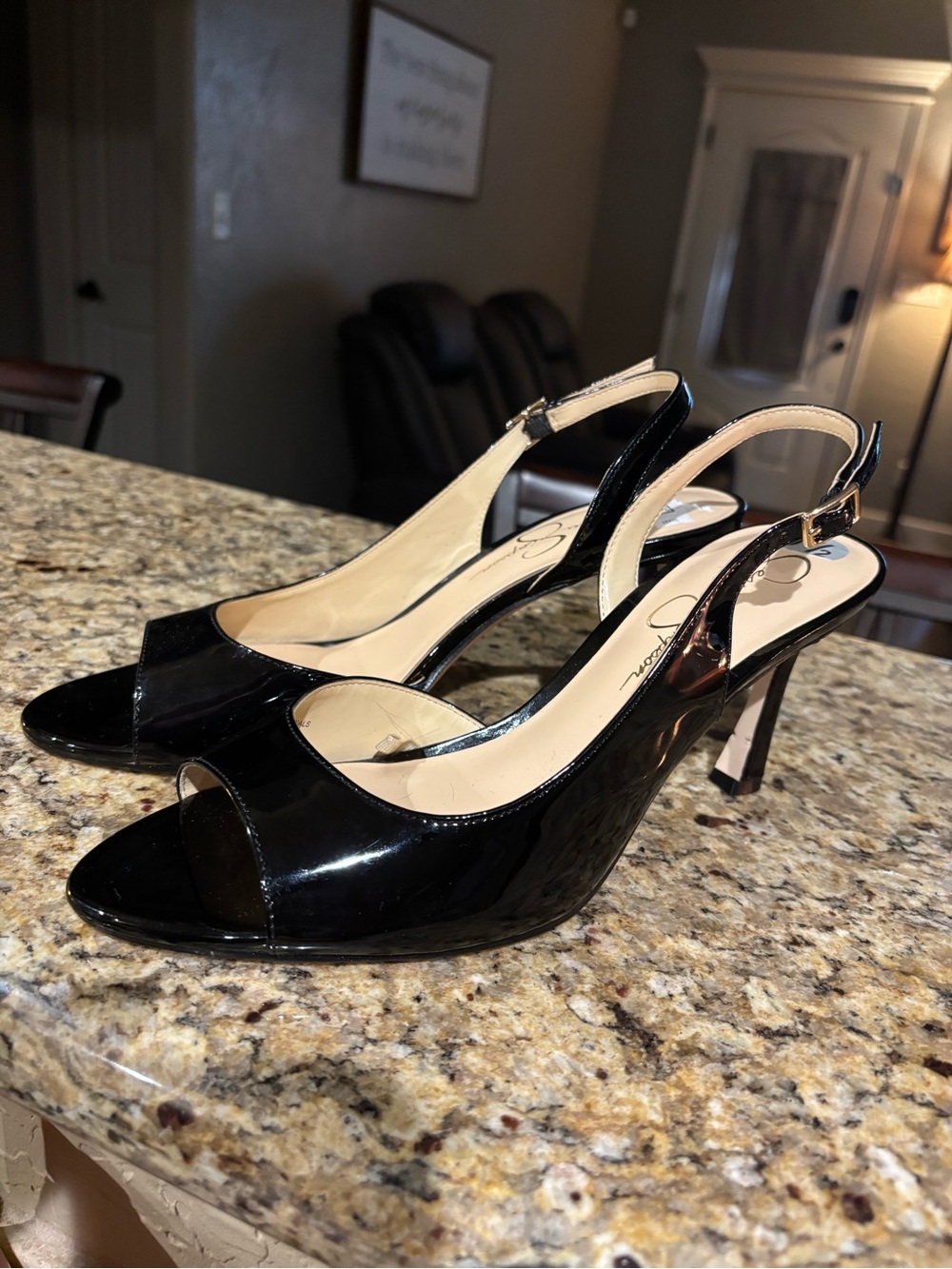 Jessica Simpson Black Patent Open-Toe Slingback Heels